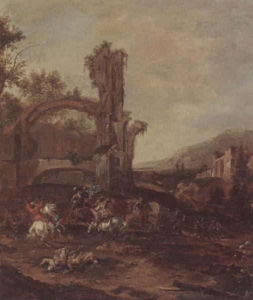 unknow artist An architectural capriccio with a cavalry engagement,a landscape beyond oil painting image